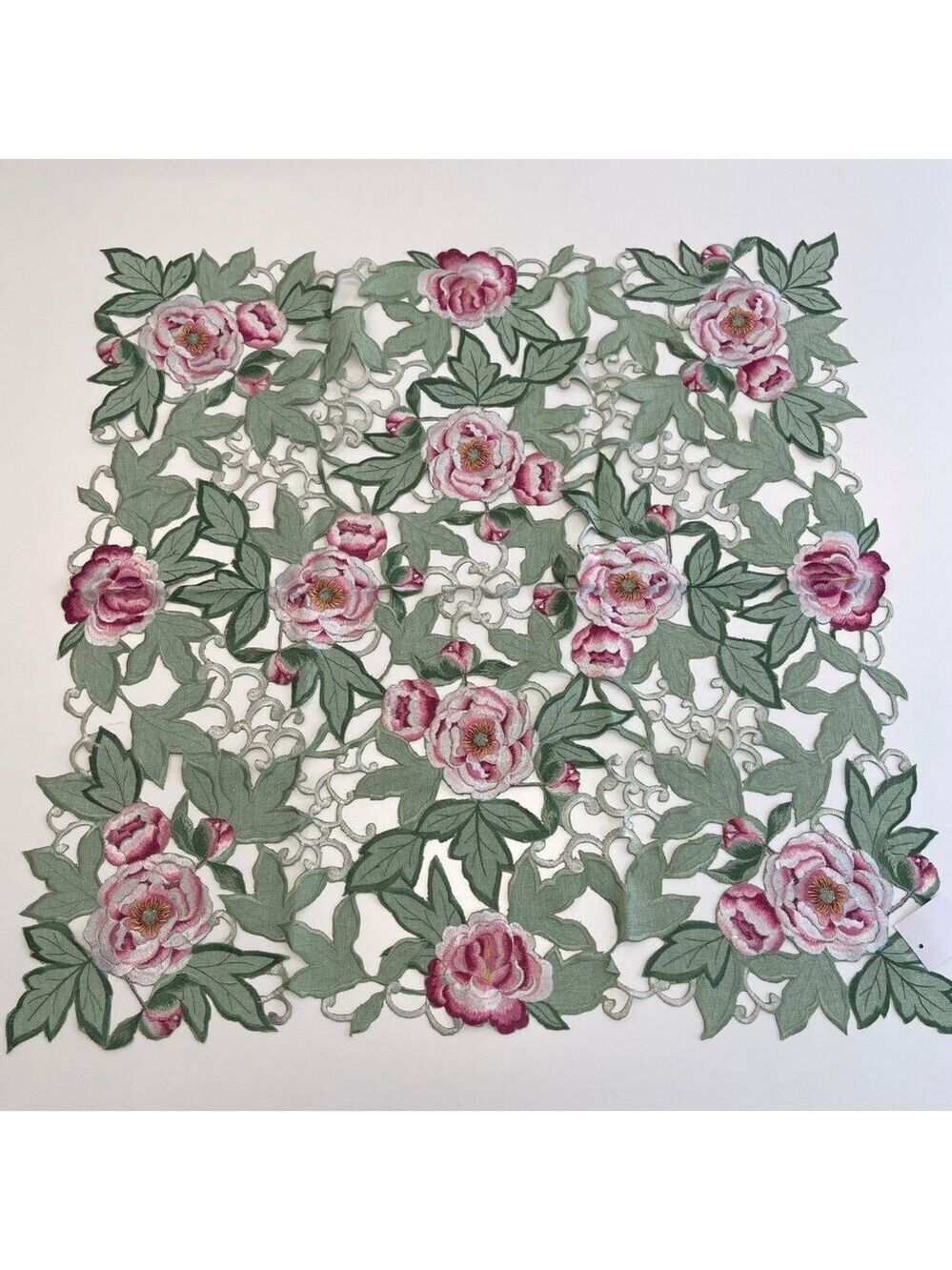 Floral Embroidered Table cloth Topper With Pink Roses & Green Leaves cutwork